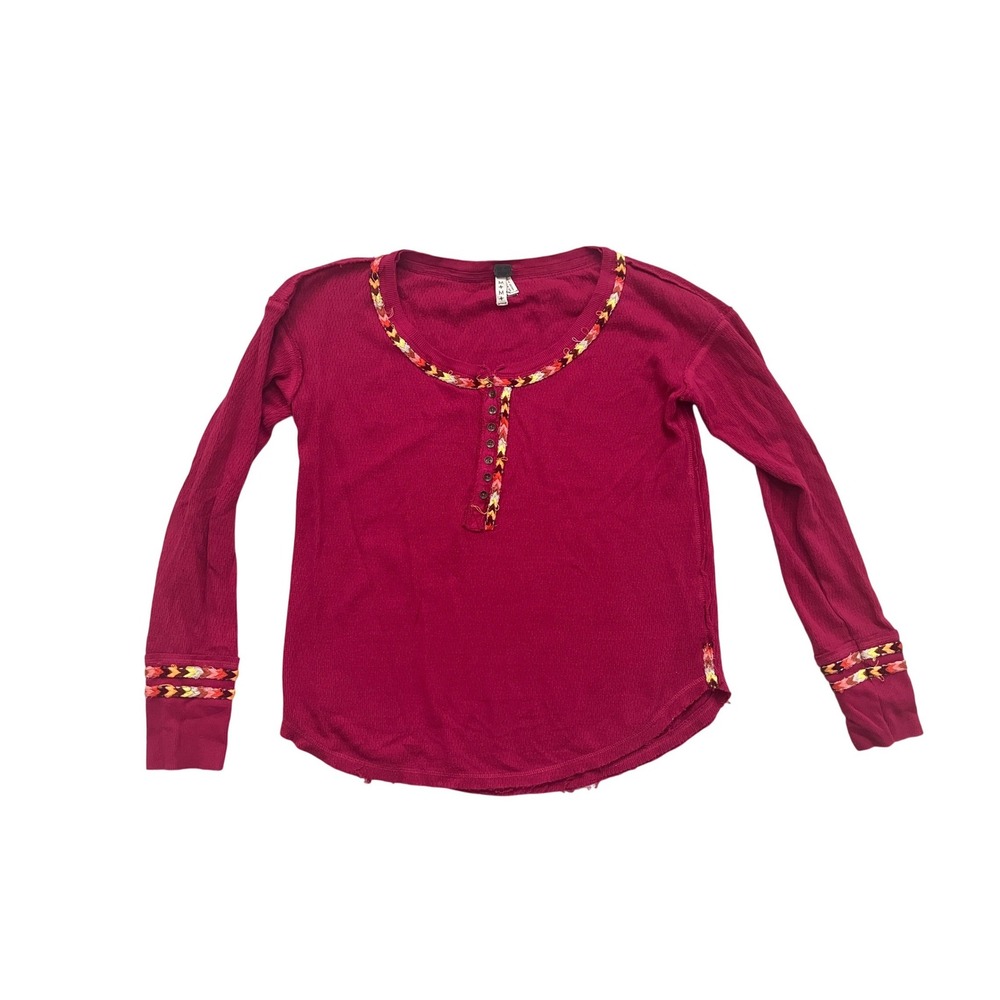 We The Free Boho Gorpcore Henley Top Womens Size M Magenta Woven Trim Thermal